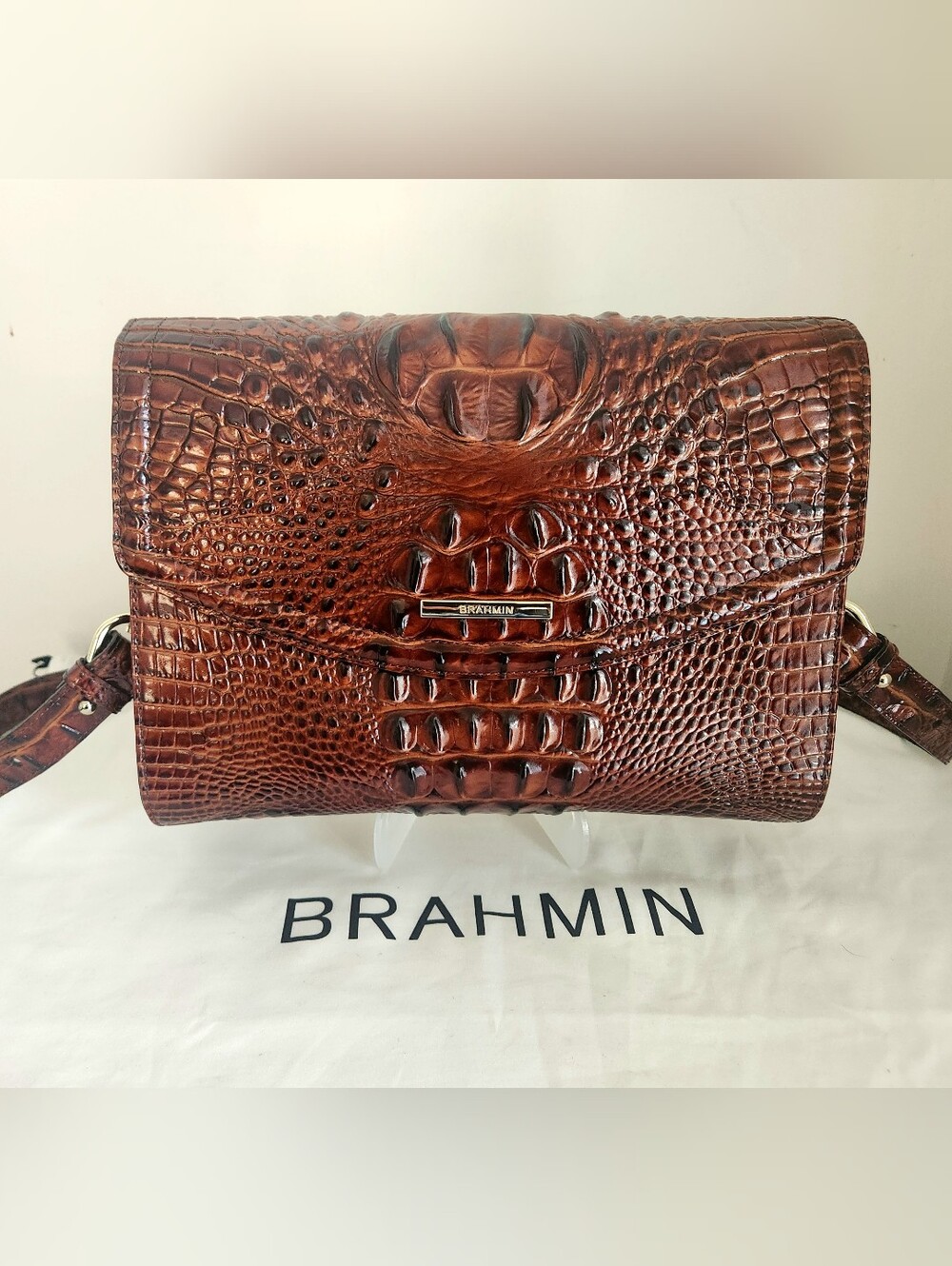 Brahmin Jacquelyn Croc-Embossed Leather Shoulder Bag Clutch Pecan Melbourne